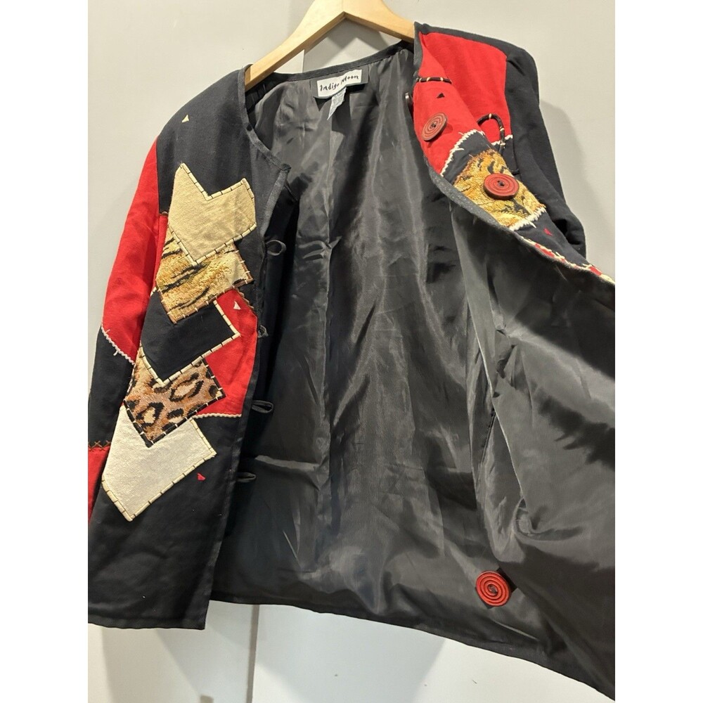 Vintage Indigo Moon Art to Wear Animal Patchwork Embroidered Jacket M Red Black - Picture 8 of 11